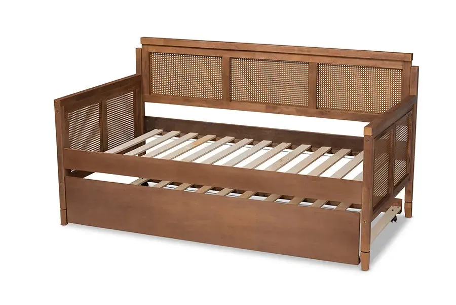 Peyton Vintage French Inspired Ash Wanut Finished Wood and Synthetic Rattan Daybed w/Trundle