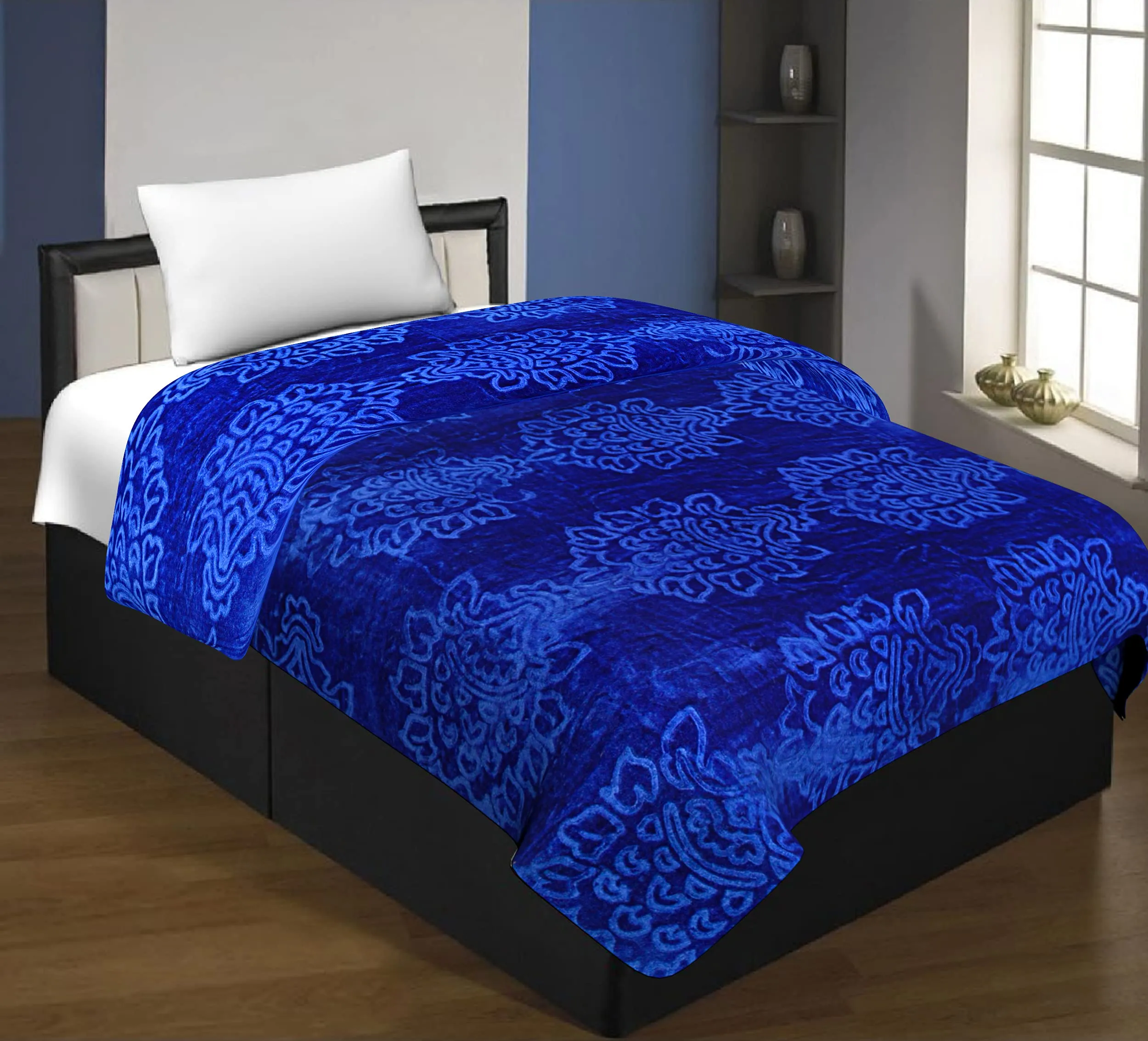 SPANGLE Floral Self Warm Soft Luxurious 360 TC Mink Single Bed Blanket (Blue)