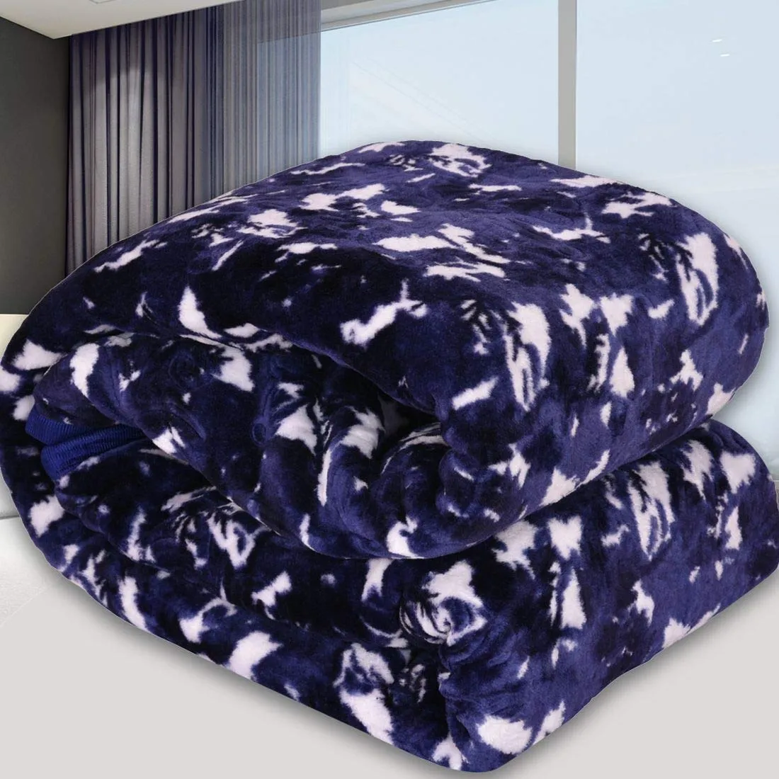 SPANGLE Printed Self Embossed Soft Luxurious 480 TC Mink Double Bed Blanket (Blue)