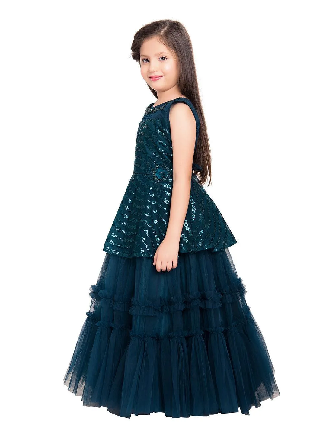 T-Blue Coloured Embellished Layered Net Gown For Girls