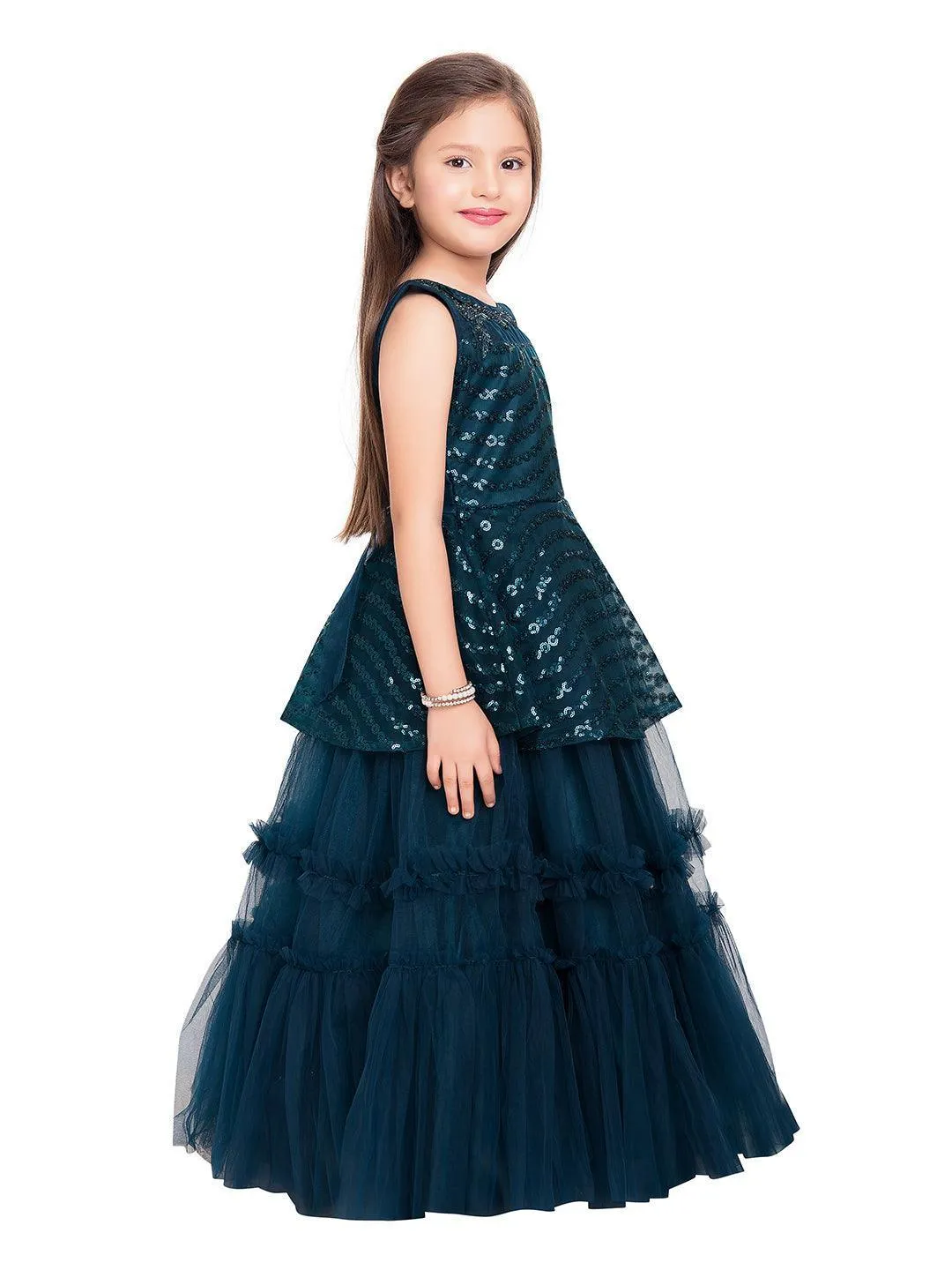 T-Blue Coloured Embellished Layered Net Gown For Girls