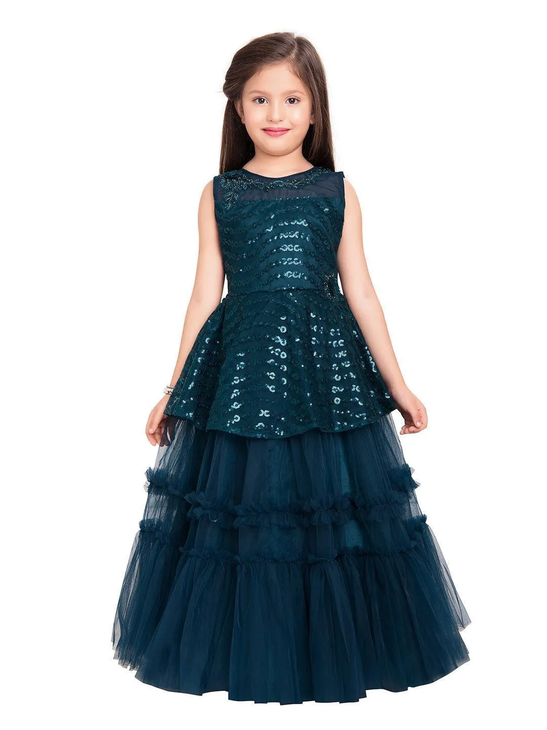 T-Blue Coloured Embellished Layered Net Gown For Girls