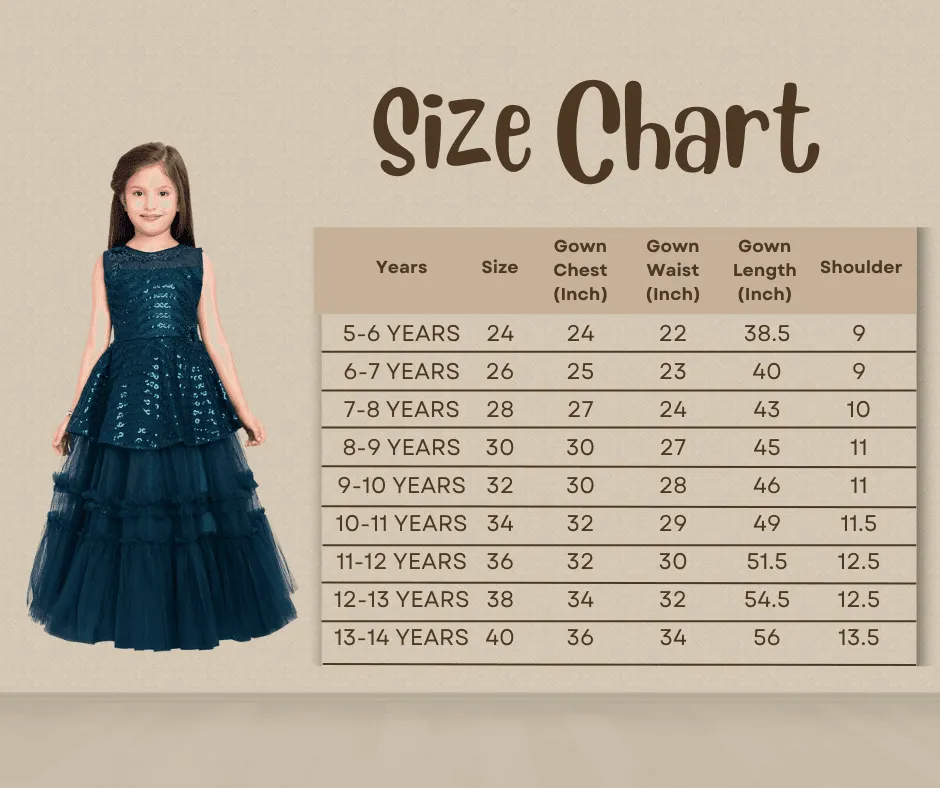 T-Blue Coloured Embellished Layered Net Gown For Girls