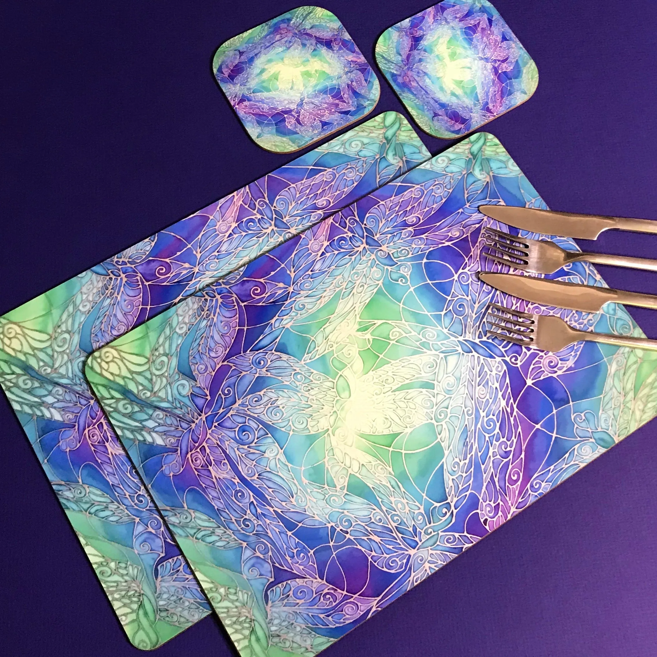 Table Mats Blue Dragonflies - Blue Green Purple Placemats - Blue Dragonfly Coasters