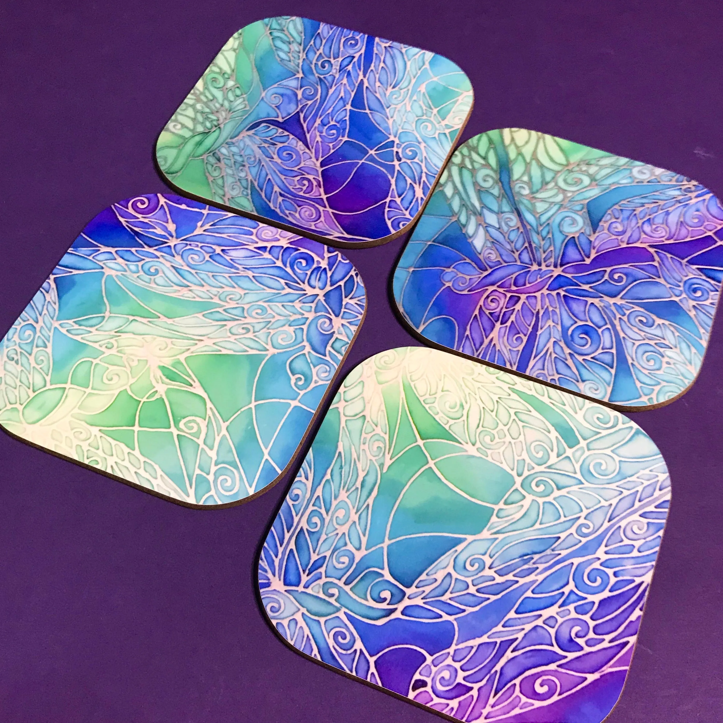 Table Mats Blue Dragonflies - Blue Green Purple Placemats - Blue Dragonfly Coasters