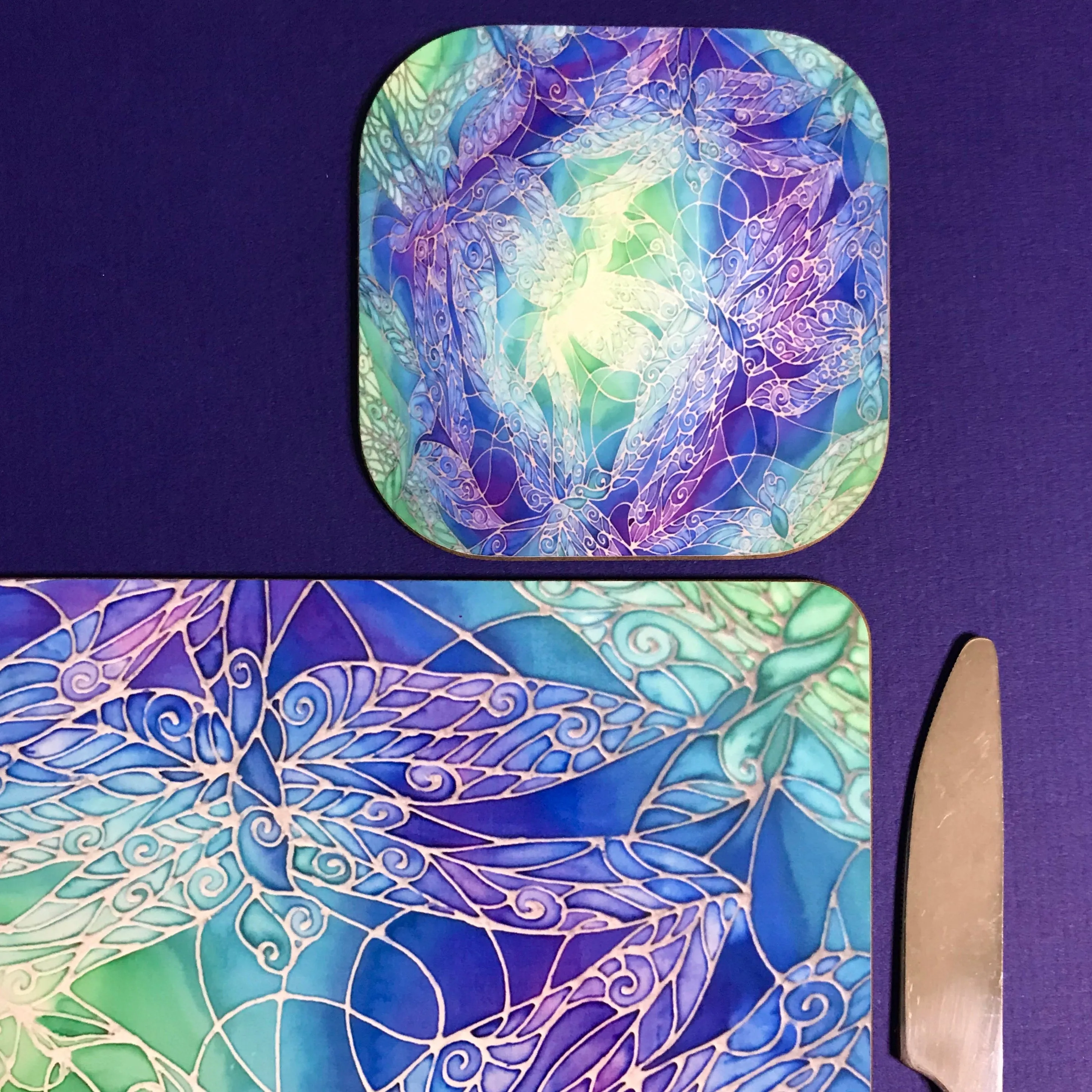 Table Mats Blue Dragonflies - Blue Green Purple Placemats - Blue Dragonfly Coasters