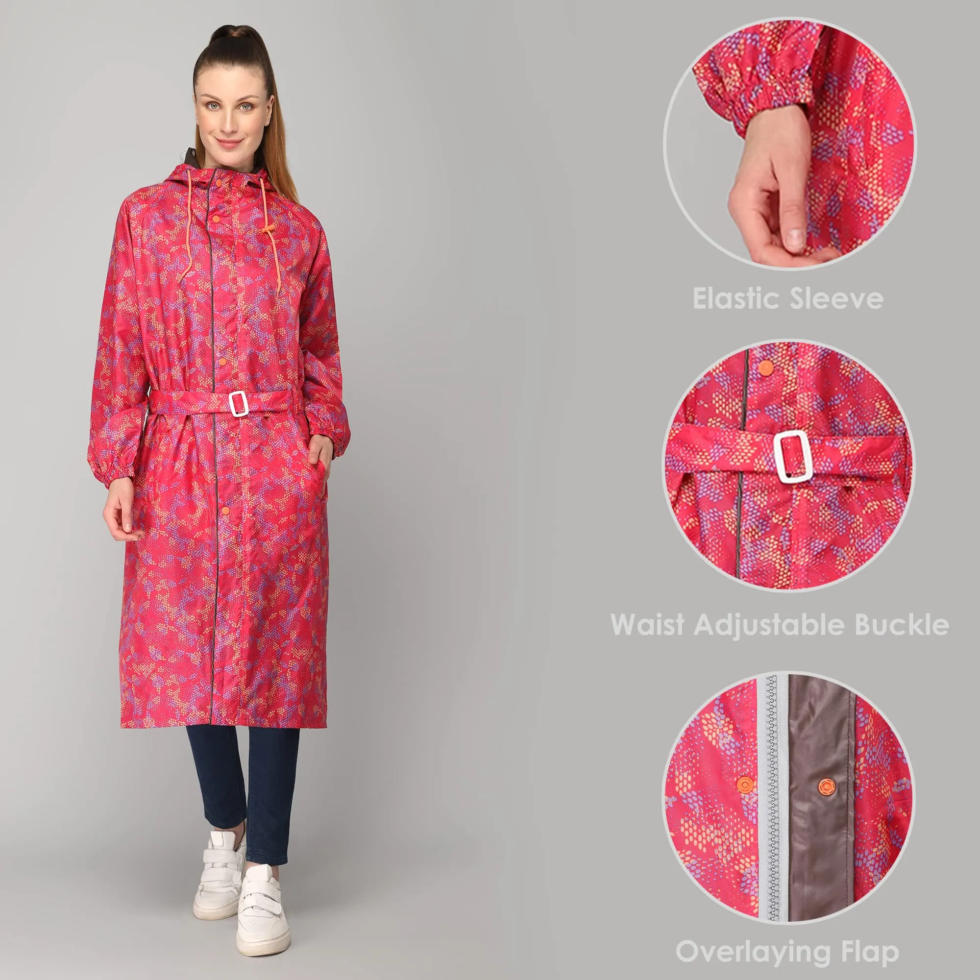 THE CLOWNFISH Juliet Series Raincoats for Women Rain Coat for Women Raincoat for Ladies Waterproof Reversible Double Layer Longcoat with Printed Plastic Pouch (Pink, XXL)