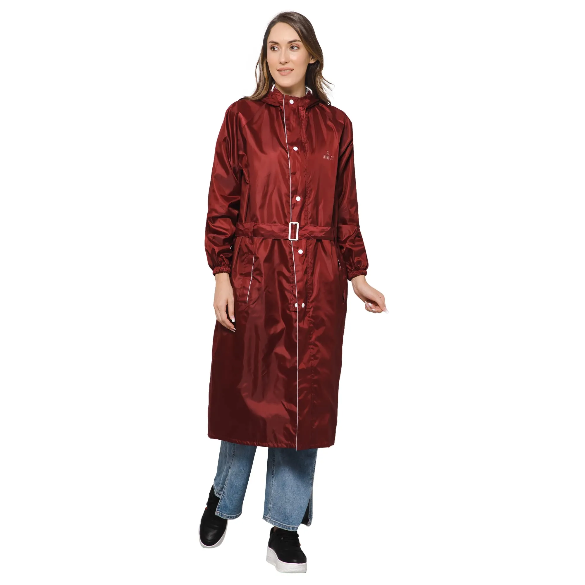 THE CLOWNFISH Polyester Raincoats For Women Raincoat For Ladies Waterproof Reversible Double Layer. Drizzle Diva Series (Maroon, Large)