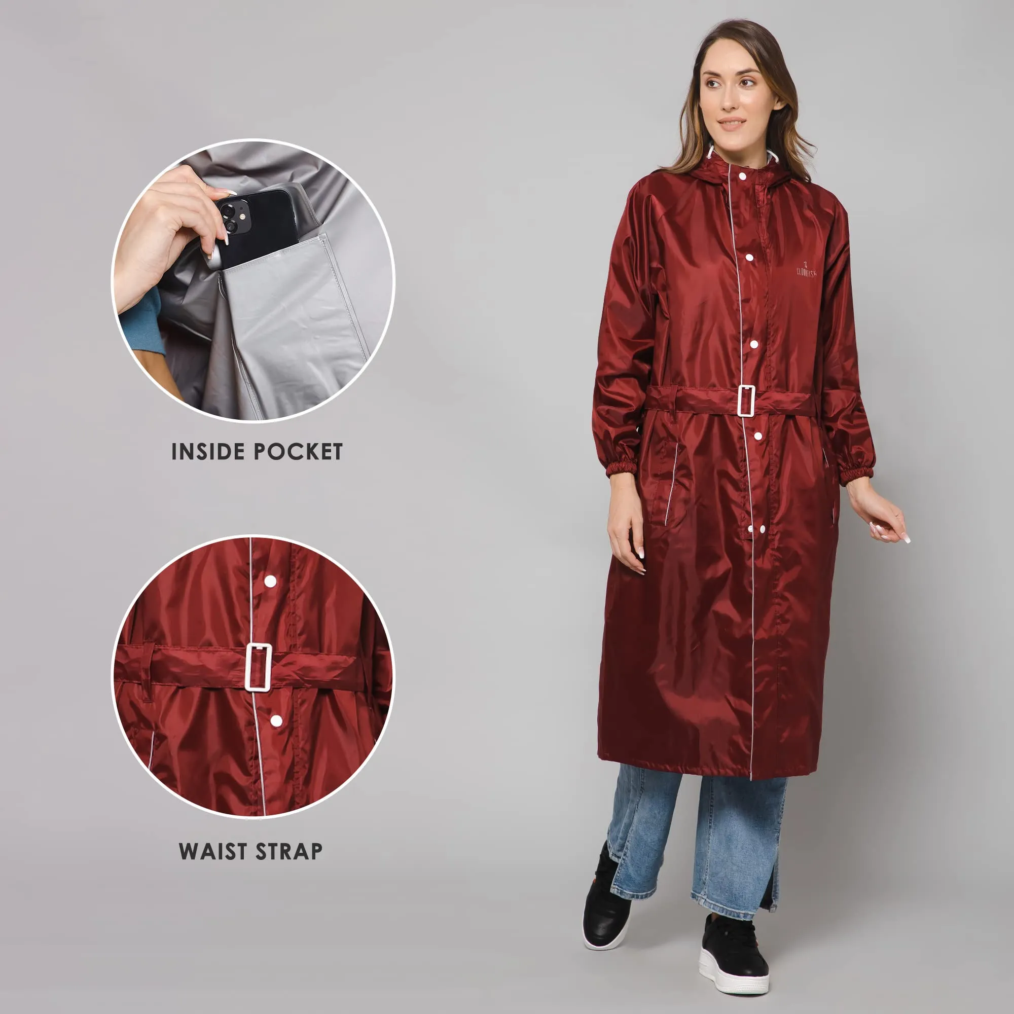 THE CLOWNFISH Polyester Raincoats For Women Raincoat For Ladies Waterproof Reversible Double Layer. Drizzle Diva Series (Maroon, Large)