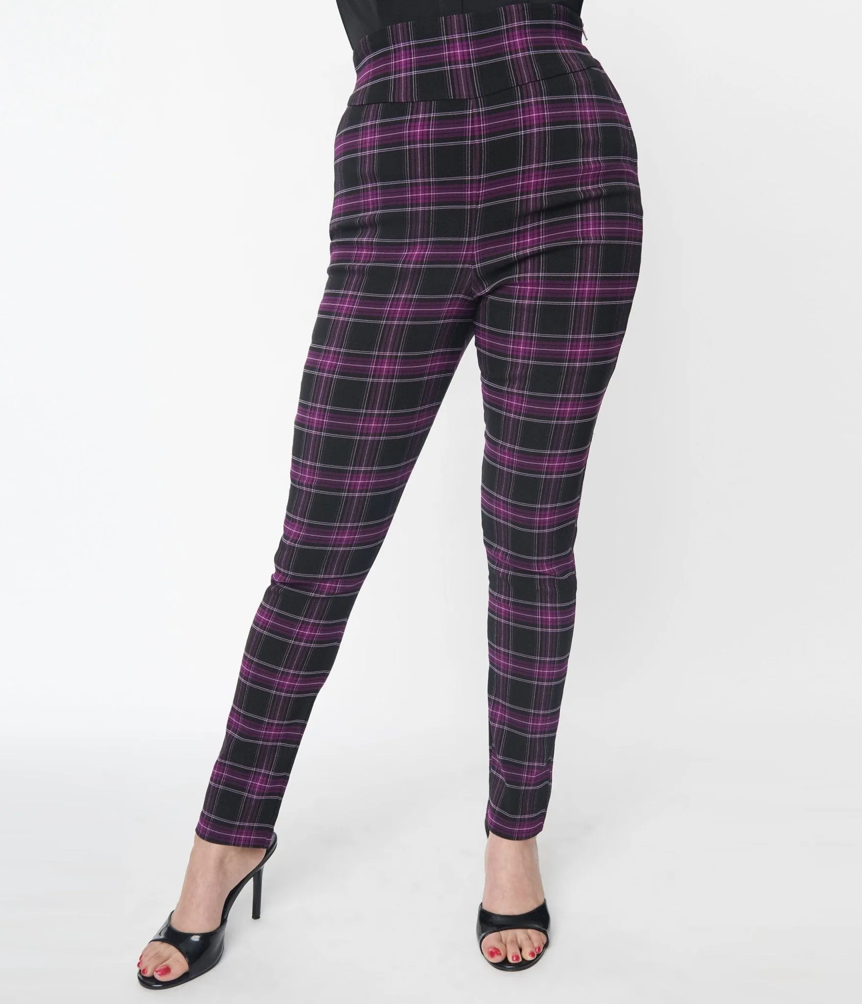 Unique Vintage 1970s Purple & Black Plaid Rizzo Cigarette Pants