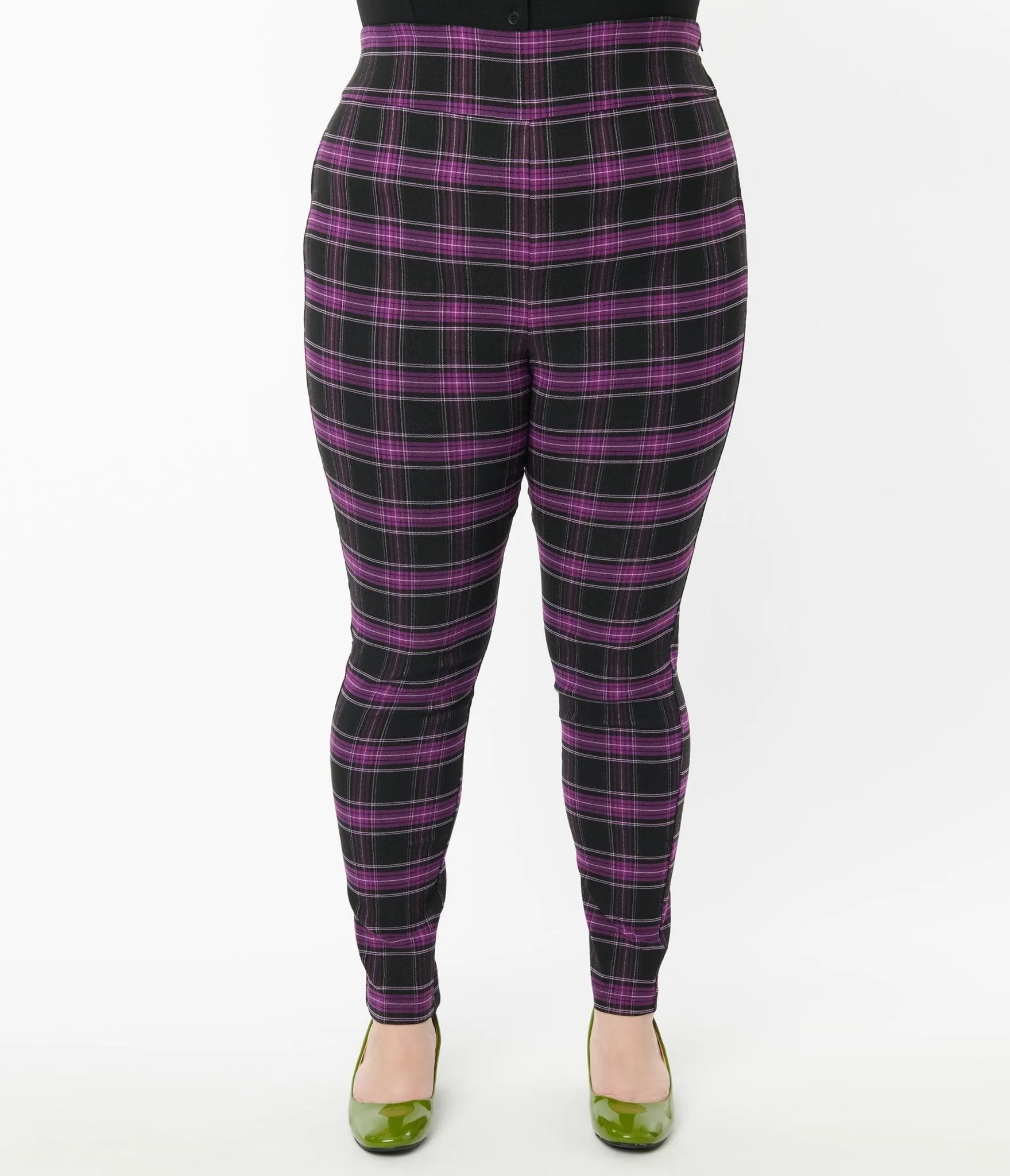 Unique Vintage Plus Size 1970s Purple & Black Plaid Rizzo Cigarette Pants