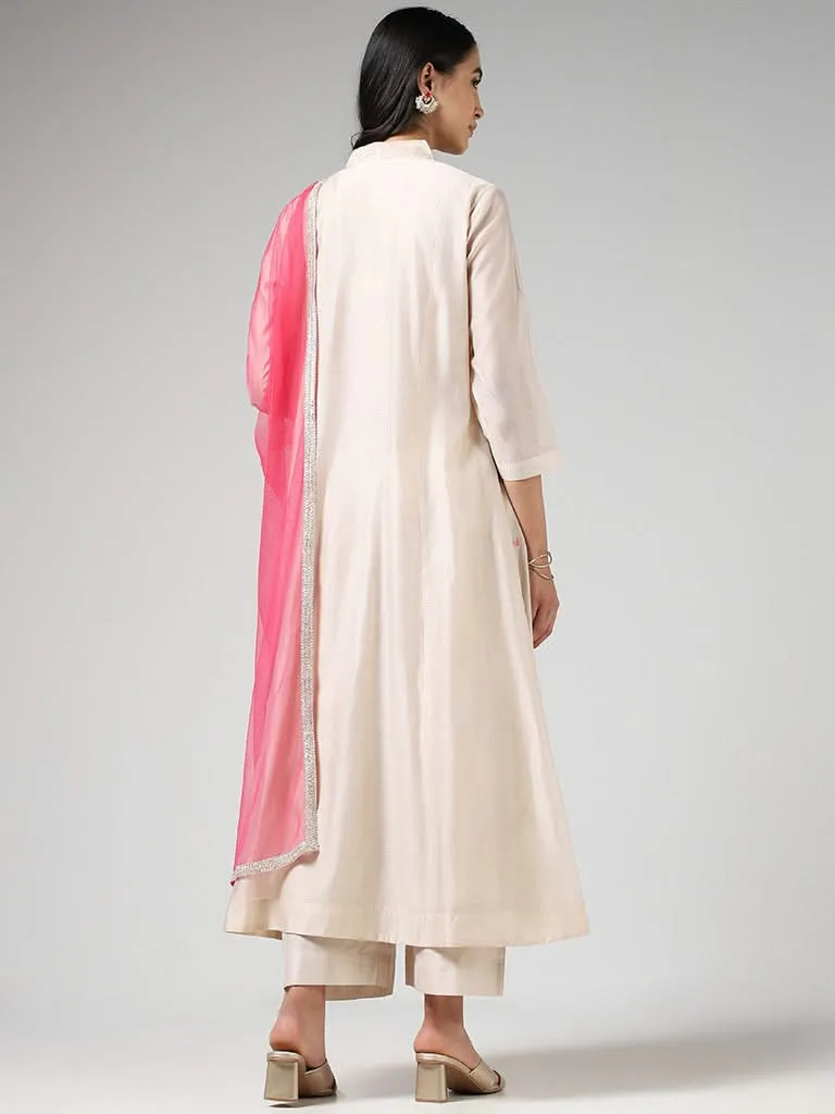 Vark Embroidered Light Beige Kurta with Palazzos & Dupatta