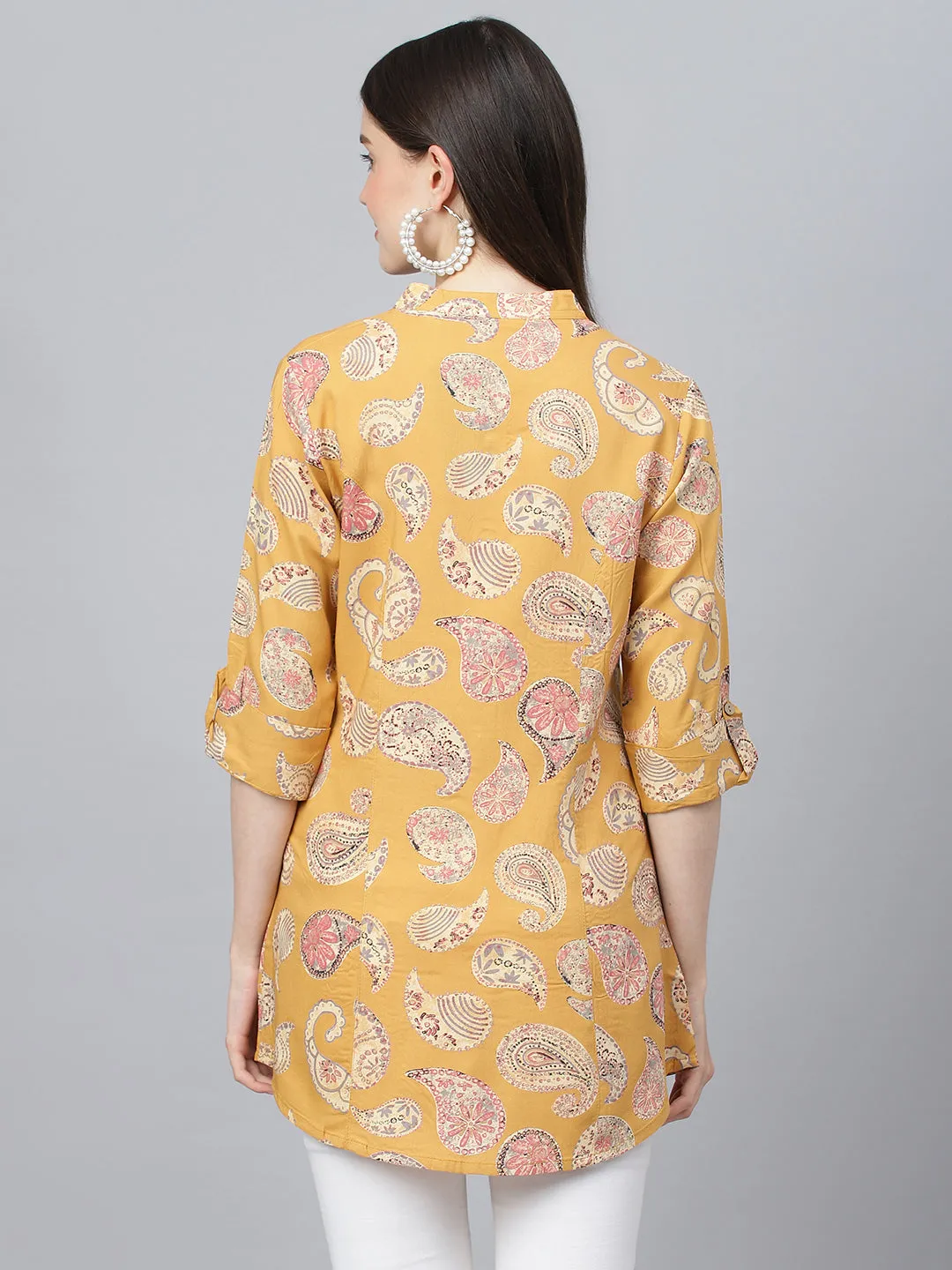 Women Mustard Floral Rayon A-Line Shirts Style Top