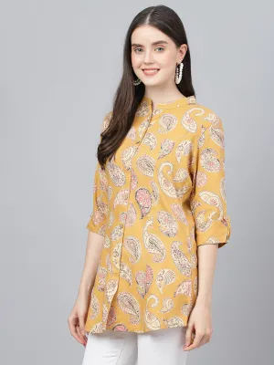 Women Mustard Floral Rayon A-Line Shirts Style Top