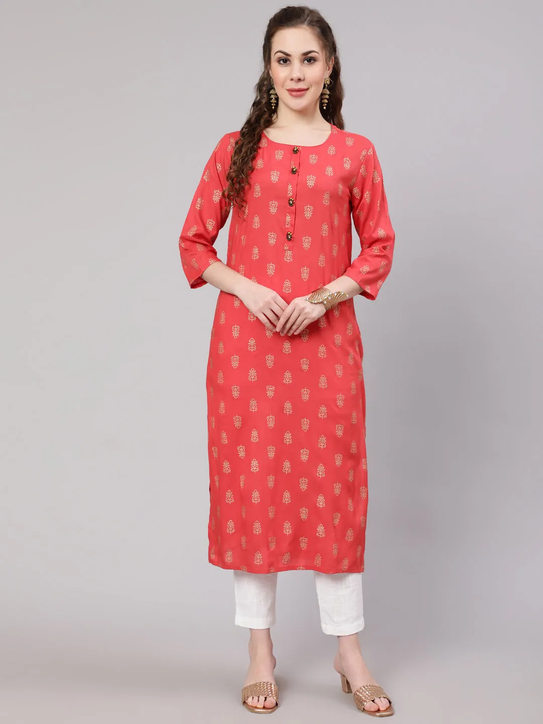 Women Pink Rayon Straight Kurta