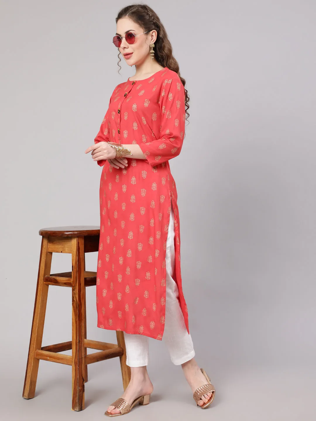 Women Pink Rayon Straight Kurta