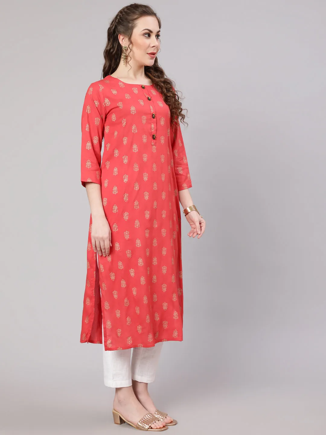 Women Pink Rayon Straight Kurta