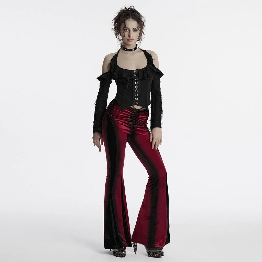 Women's Gothic Contrast Color Drawstring Velvet Flared Pants Red