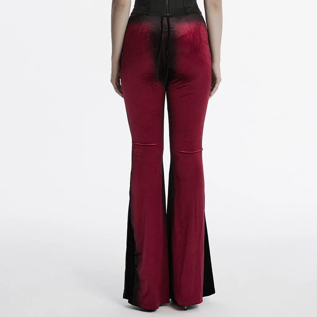 Women's Gothic Contrast Color Drawstring Velvet Flared Pants Red