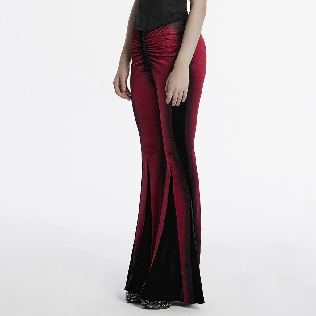 Women's Gothic Contrast Color Drawstring Velvet Flared Pants Red